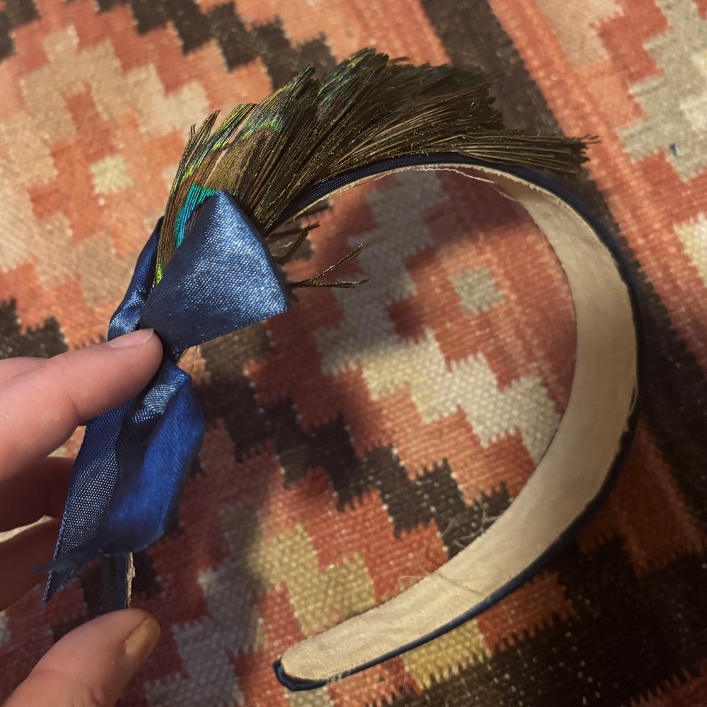 Peacock Feather Headband with Blue Ribbon